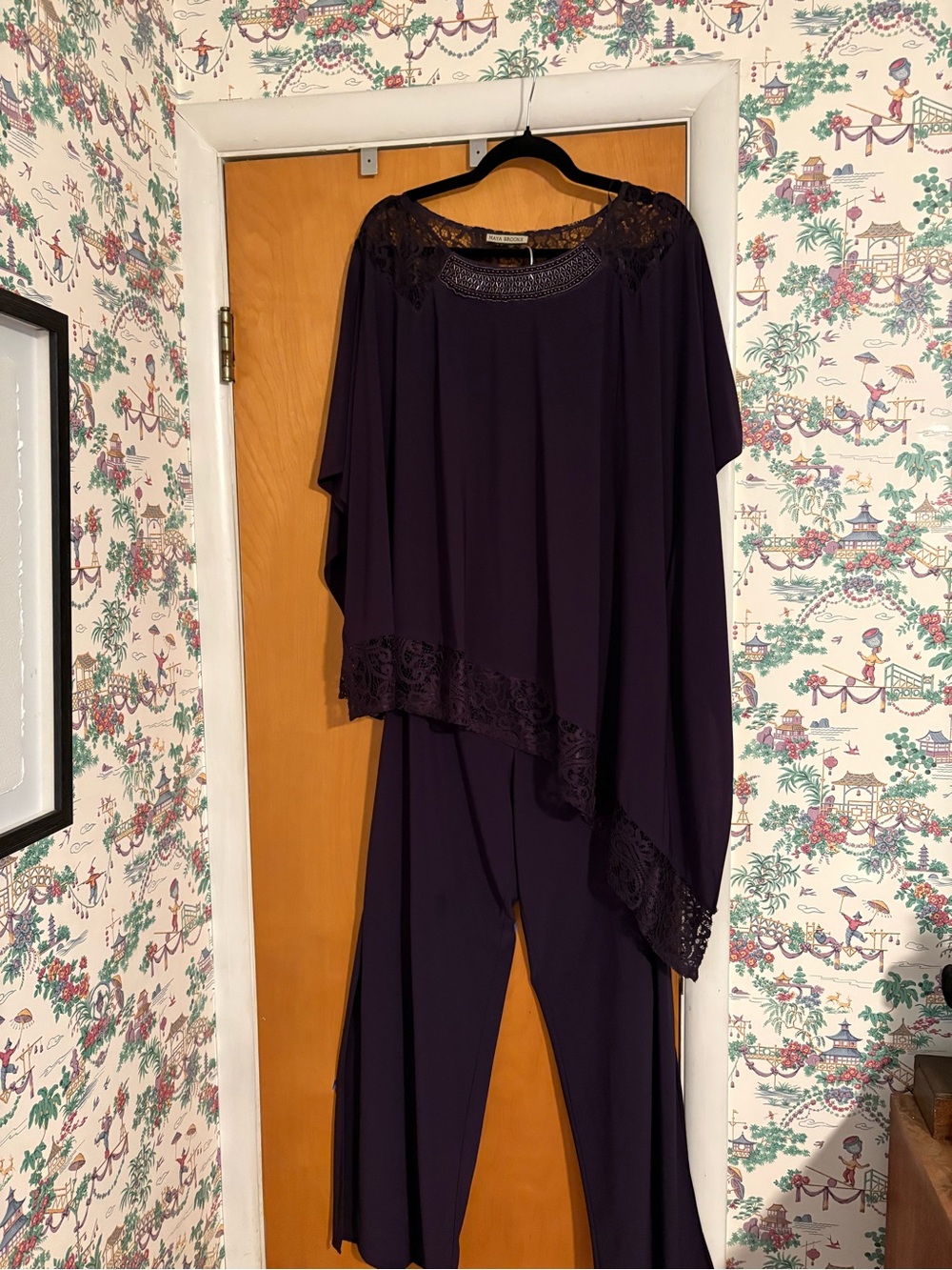 Elegant Eggplant colored Lace-trimmed Pant Set